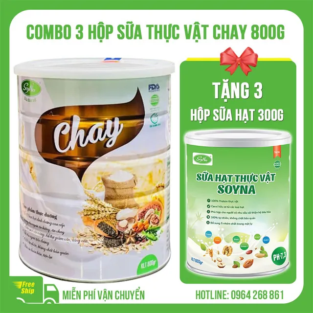 (Combo 3 hộp) Sữa thực vật chay Soyna 800g tặng kèm 3 hộp sữa hạt