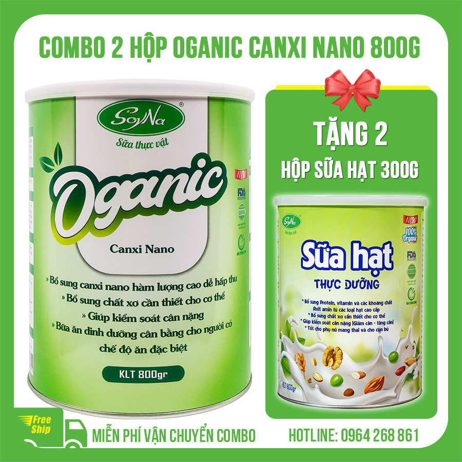(Combo 2 hộp) sữa hạt Oganic Canxi Nano Soyna 800g tặng kèm 2 hộp sữa hạt